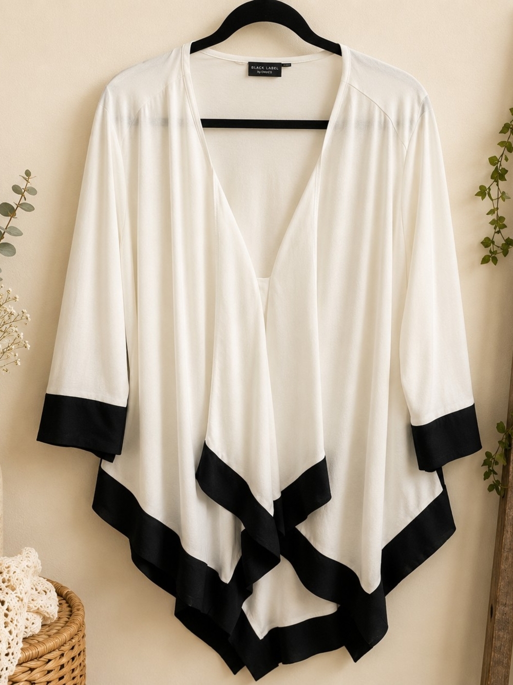 Black Label by Chico's Ivory Black Asymmetrical Draped Cardigan 23" PTP